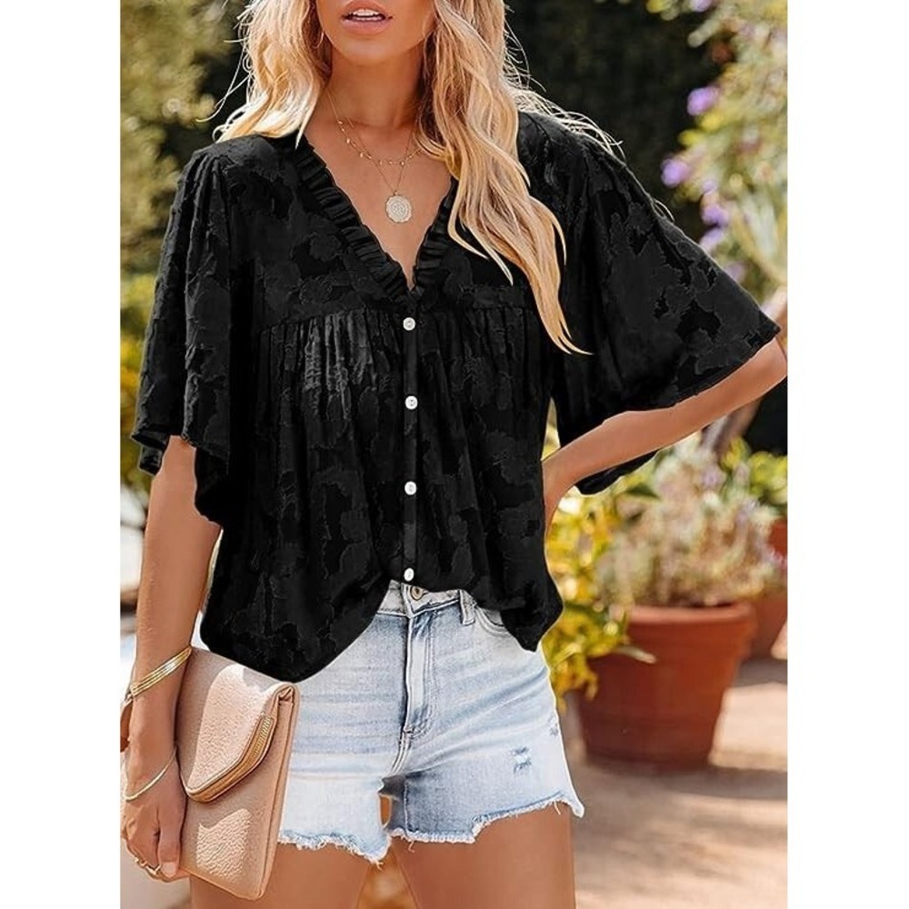 Asvivid Women Crew Neck Ruffle 3/4 Bell Sleeve Black Blouse Tops Lace Shirts 2XL